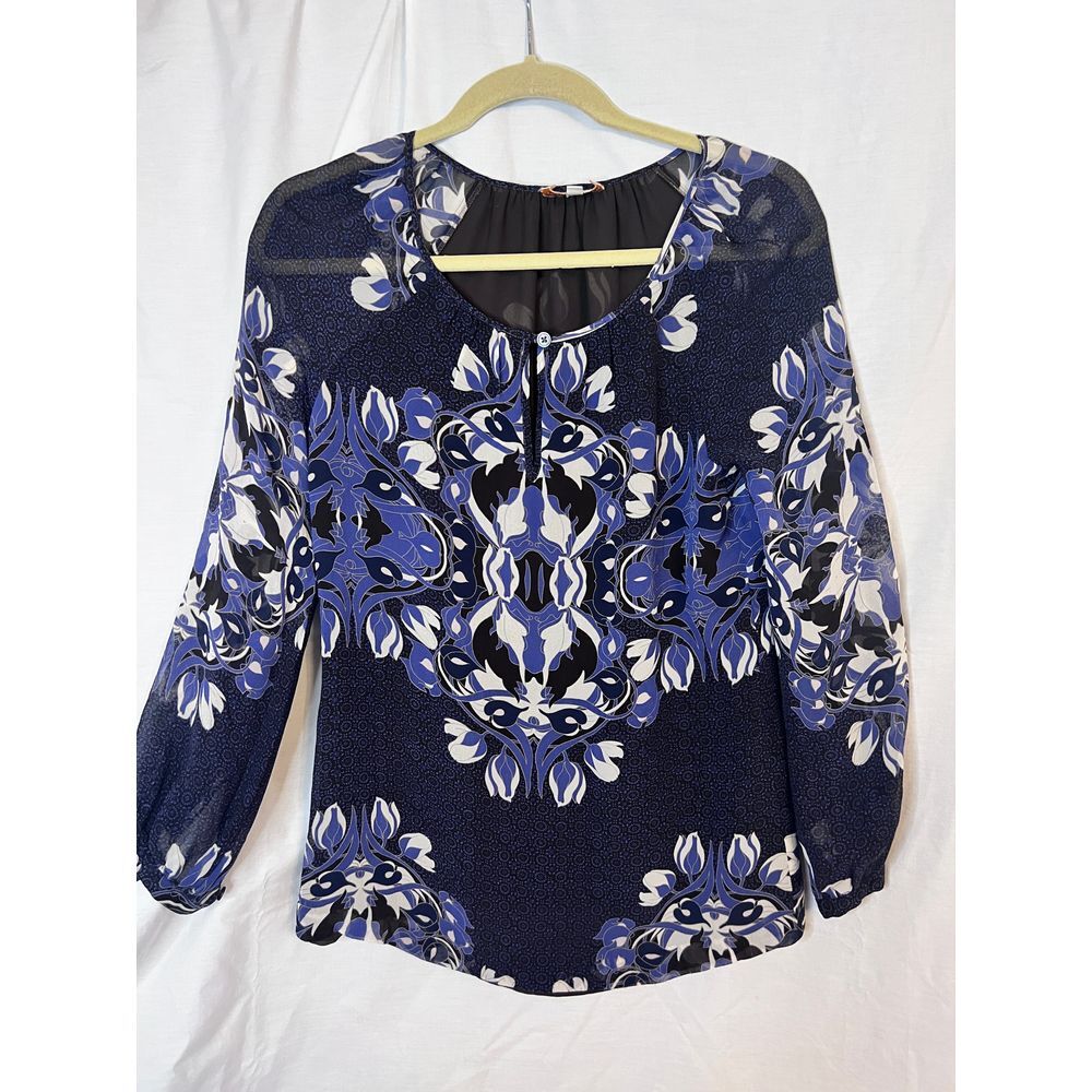 Tory Burch Screen Print Silk Medallion Scroll Blue Cream Sheer‎ Blouse Size 2